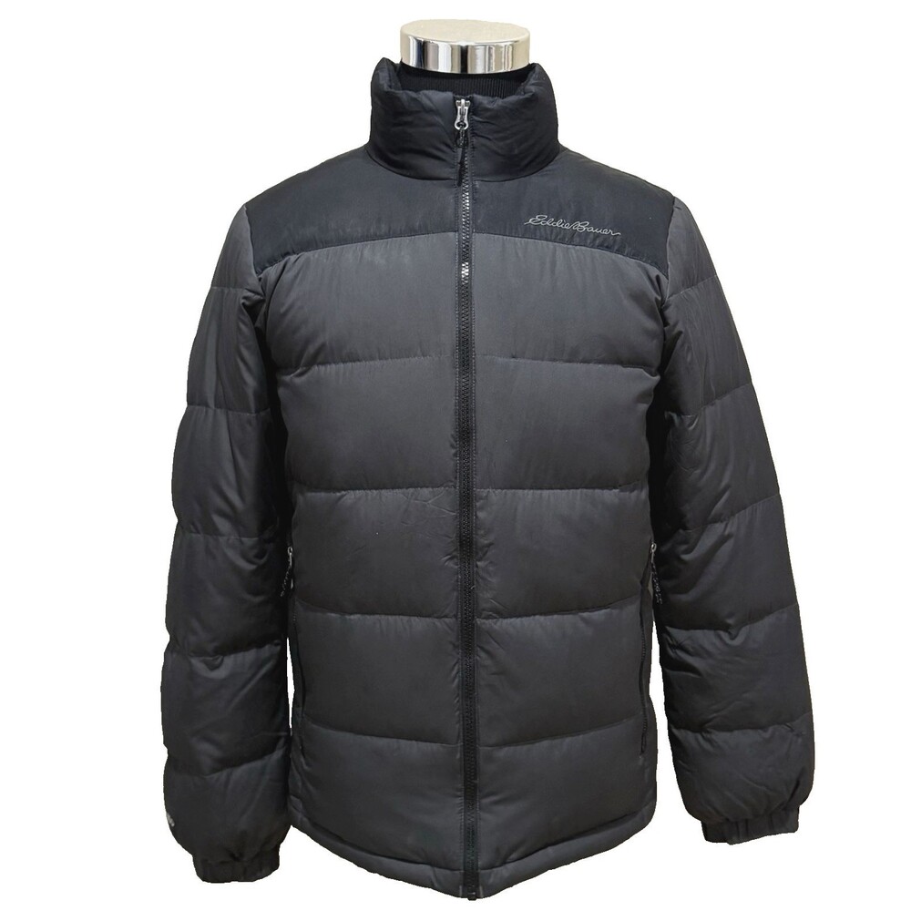 Eddie Bauer EB550 Mens S Gray Black Down Puffer Jacket Quilted Full Zip Coat